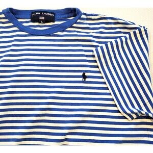 Ralph Lauren Sport Womens L Striped Shirt Blue White Short Sleeve Tee Preppy